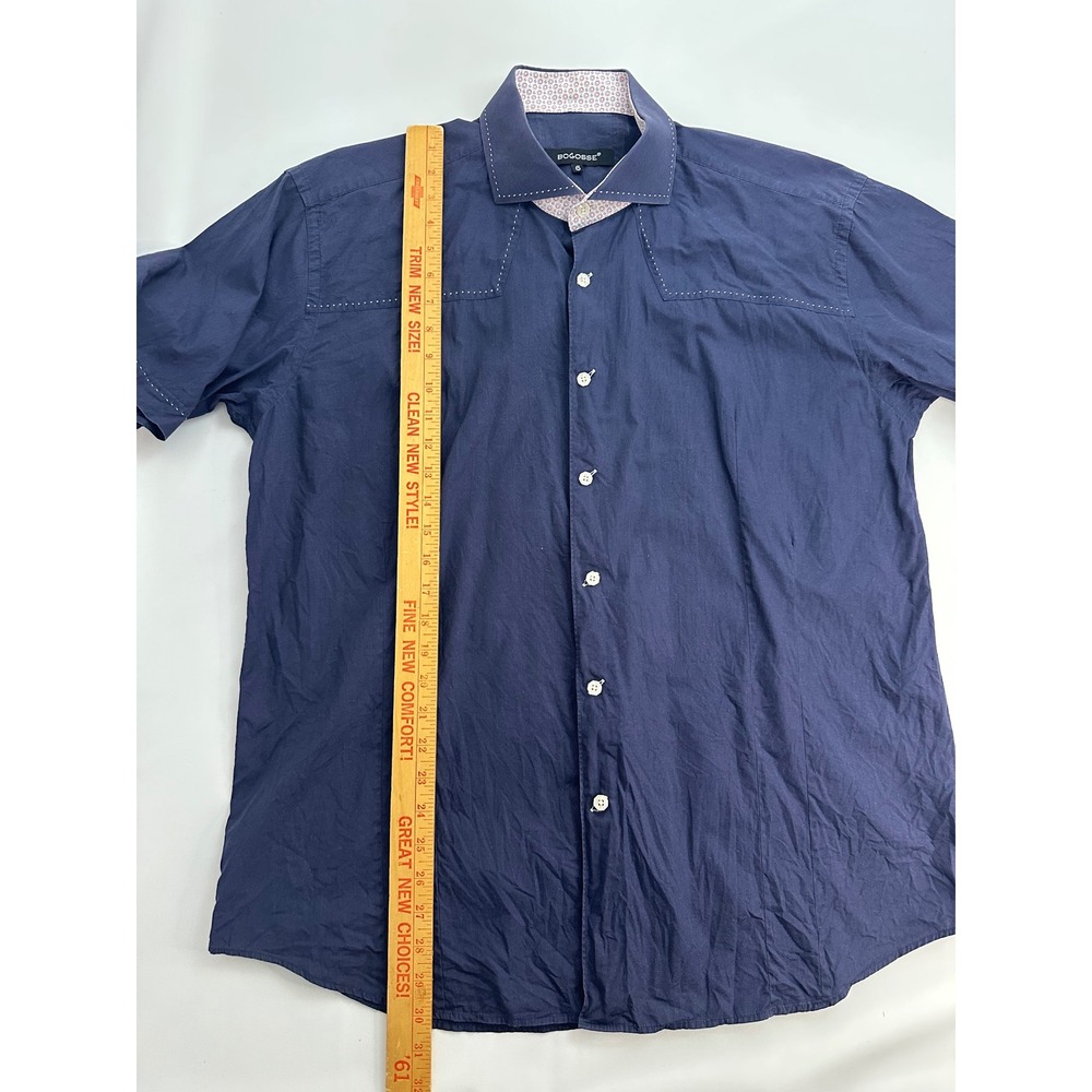 Bogosse Men's Short Sleeve Button Up Shirt Patterned Trim Size 6 Blue Casual - Picture 4 of 5